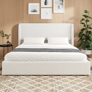 Queen/King Size Platform Bed, Soft Upholstered Boucle Bed Frame with Tall Headboard, Modern Cloud Bedframe, Solid Metal Leg & Wood Slat Support, No Box Spring Needed, Easy Assembly, White