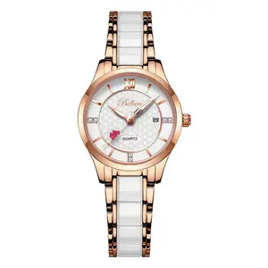 Women's watch with calendar, diamond-embellished ceramic model, fashionable waterproof quartz watch for students
