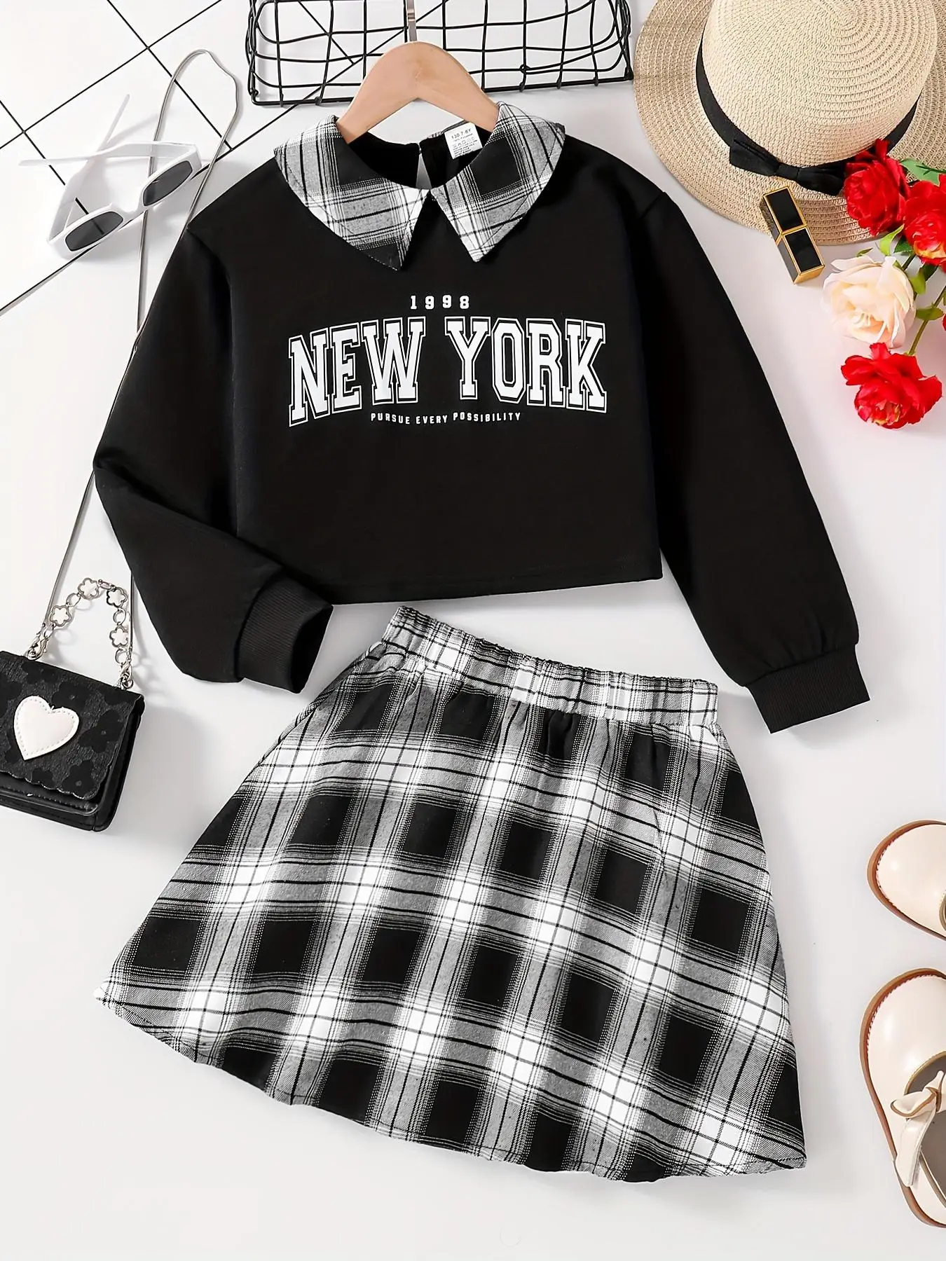 Two-piece Set Girl's Letter Print Top & Plaid Print Elastic Waist Skirt Set, Casual Long Sleeve Keyhole Neckline Top & Short Skirt for Fall & Winter,