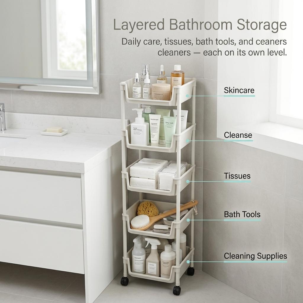 Multifunctional Multi-Layer Plastic StorageCartwith Wheels, Layered Shelf Organizer forBedroomKitchen Bathroom Living Room,AdjustableStanding Shelf Suction Cup Sponge Holder forKitchen Sink semiannual sale 2026 easy install kit gloveclip cas