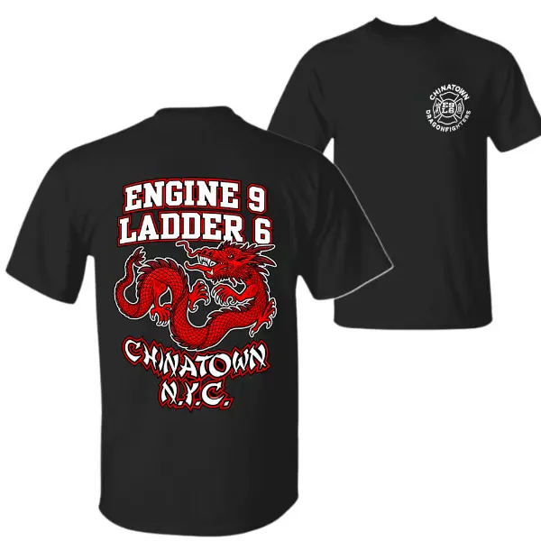 Men's FDNY Engine 9 Ladder 6 Chinatown NYC Graphic T-Shirt - Black Dragon Firefighter Tee, 100% Cotton, Classic Fit, Family Sizing, Seamless Body, New York First Responder Apparel