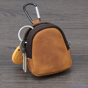 Men's Genuine Soft Leather Mini Wallet Zipper Coin Purse, Original Design Multifunctional Key Pouch  Lightweight Portable Casual Small Card Cash Holder for Adults Daily Outdoor Shopping Travel Key Earphone Organizer Charm