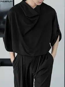INCERUN Men's Fashion Solid Color Shirt, menswear, tops, Loose Collar Half Sleeve Design, Casual Fitted Long Clothing for Daily Wear, Casual Fit Minimalist