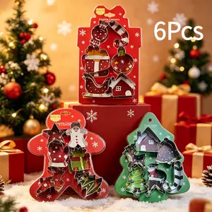 6-piece safe, rust proof, durable stainless steel Christmas cookie cutting machine, practical holiday baking style, classic Christmas tree, snowflake, snowman, and gingerbread man designs, easy to cut cookies, perfect for Christmas baking