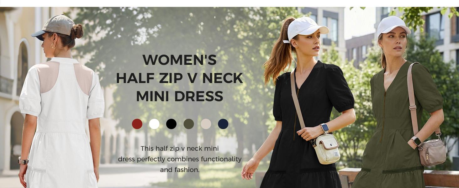 Fisoew Women Coral Mesh Cutout Puff Sleeve Mini Dress V Neck Zip Front Relaxed Fit Casual Summer Dress Breathable Lightweight Dress