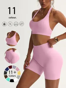 Women's Seamless Knitted Sportswear Set, Halter Bra & High Waist Shorts, Quick-Dry Comfortable Fitness for All Seasons, Workout Sets