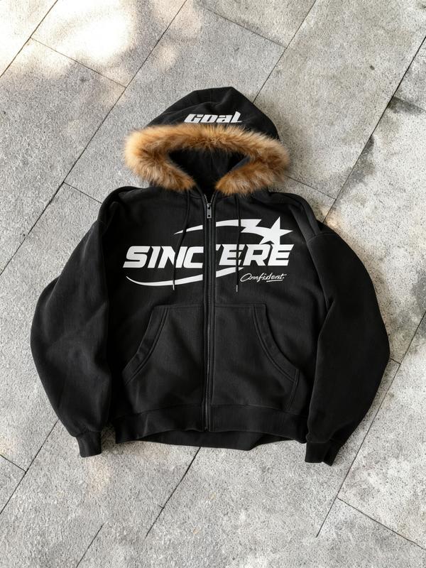 Unisex Zippered Hoodie with Faux Fur Collar, Color Block Star Print Street Style, Retro Urban Fashion for Spring & Fall