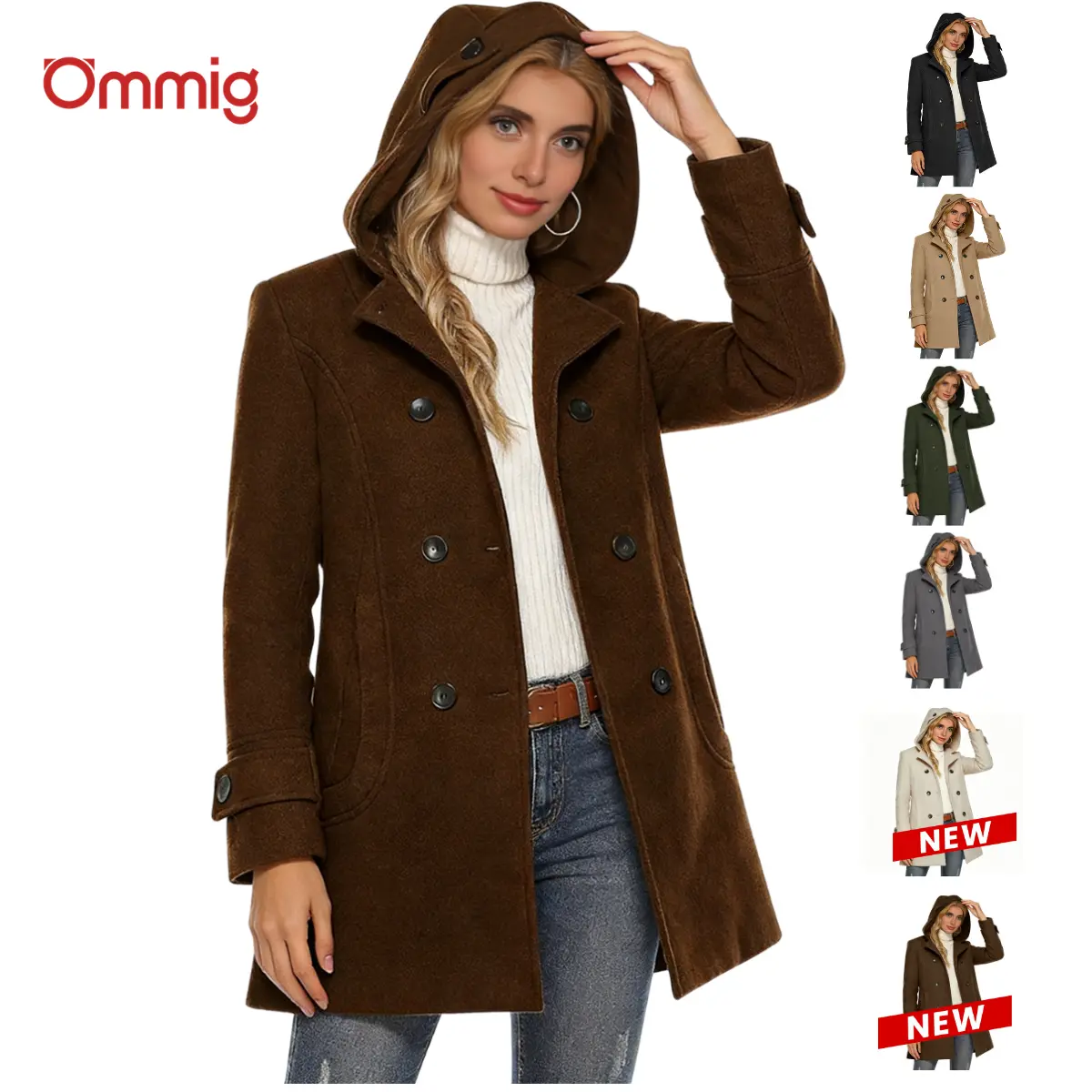 Ommig Women's Elegant Solid Long Sleeve Double-Breasted Wool Pea Coat with Hood, Casual Outerwear with Polyester Blend for Autumn, Winter,summerwins