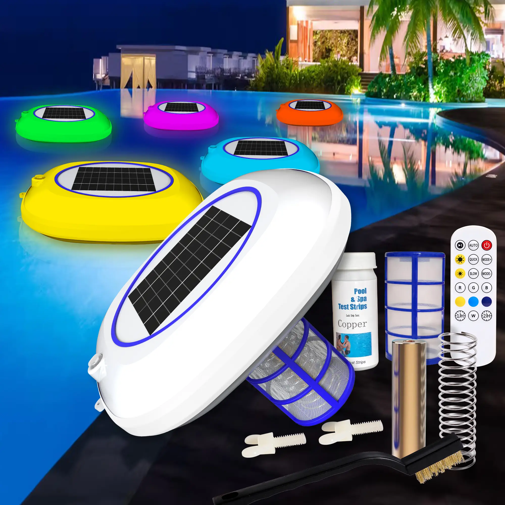 Solar Pool Cleaner with LED RGB Floating Light, Copper Ionization & Pool Algaecide, Solar-Powered for 35,000-Gal Fresh & Salt Water Spas (Crystal Clear Water)