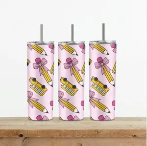 Girly Teacher Tumbler - 20oz Stainless Steel with Pink Bow Pencil & School Bus Design Double Wall Insulated with Clear Lid and Reusable Straw