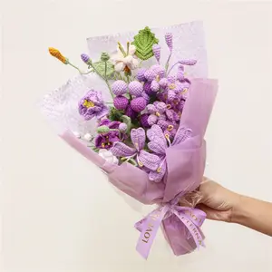 Handmade Crochet Realistic Flower Bouquet, Crochet Artificial Flowers, Wool Knitted Roses Peonies Lilies, Elegant Decoration, Valentine's Day Christmas Mother's Day Gift