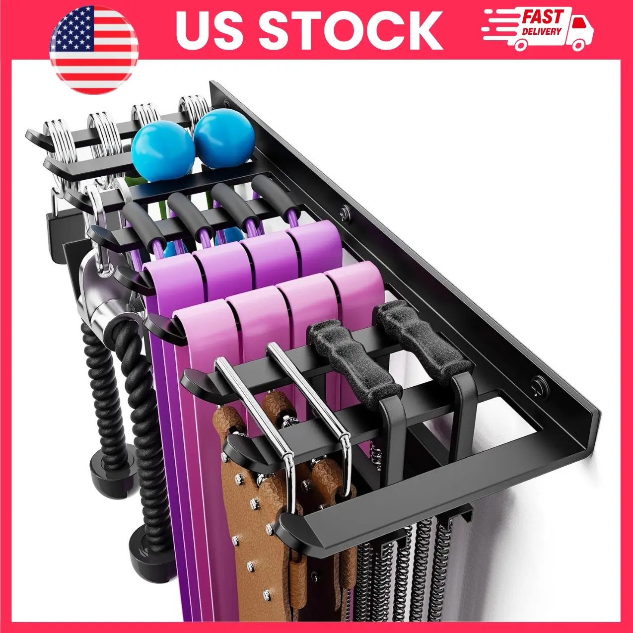 Home Gym Storage Rack, Wall Mounted Gym Equipment Organizer, Metal Storage Rack for Cable Attachments, Resistance Bands, Lifting Belts, Jump Ropes & Fitness Accessories | lifting belt hanger, jump rope storage, workout accessory rack, garage gym organizer
