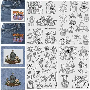 4counts cute style Halloween theme water-soluble embroidery auxiliary stickers, sewing stabilizer, with skull, pumpkin, white ghost patterns, easily soluble in water, can be used for DIY sewing projects on jackets, shirts, hoodies, canvas shoes, hats