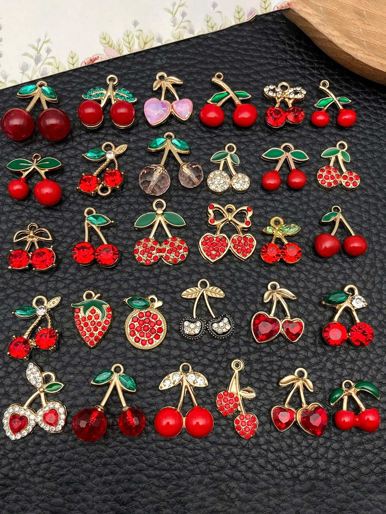 30pcs Fashion Enamel Strawberry Cherry Charm, Charm Accessory, Rhinestone Fruit Pendant, DIY Bracelet Necklace Earrings Jewelry Making Accessories, DIY Jewelry Decoration