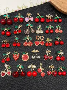 30pcs Fashion Enamel Strawberry Cherry Charm, Charm Accessory, Rhinestone Fruit Pendant, DIY Bracelet Necklace Earrings Jewelry Making Accessories, DIY Jewelry Decoration