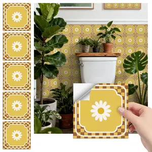 24PCS FHZ Yellow-Brown Daisy Retro Tile Stickers | PET Matte Peel & Stick Backsplash | Waterproof Oil-Proof Decor for Home & Office
