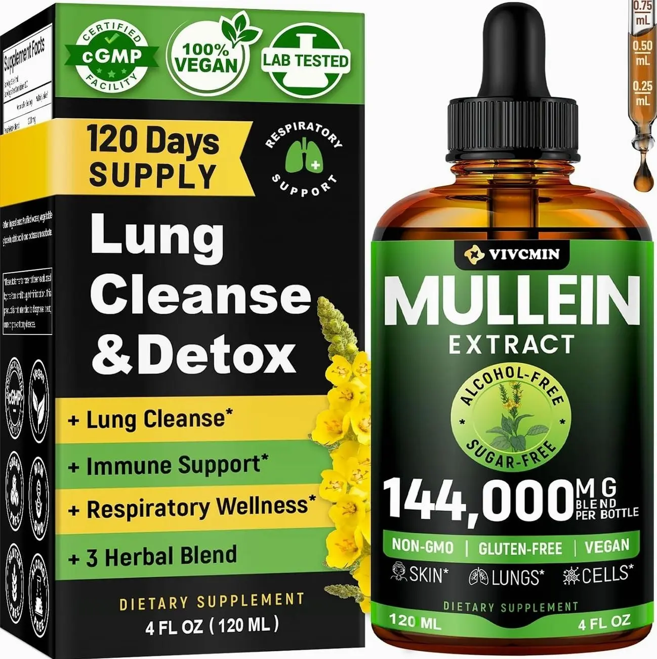 Mullein Drops for Lungs with Licorice & Astragalus, Lung Detox for Smokers Tincture, Respiratory & Immune Support, Mullein Leaf Extract for Lung Cleanse, 4 fl oz