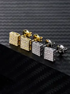 2 Pairs Iced Chics Square Hip Hop Stud Earrings, Copper Zircon, Fade-Resistant, Unisex, All Seasons, Daily Wear Jewelry