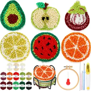 6 count Fruit Punch  Coaster Kit Punch  Embroidery Kits Craft Supplies with Patterns Yarns Tools Adhesive Felt Embroidery Hoop Instruction Holder for Adult DIY