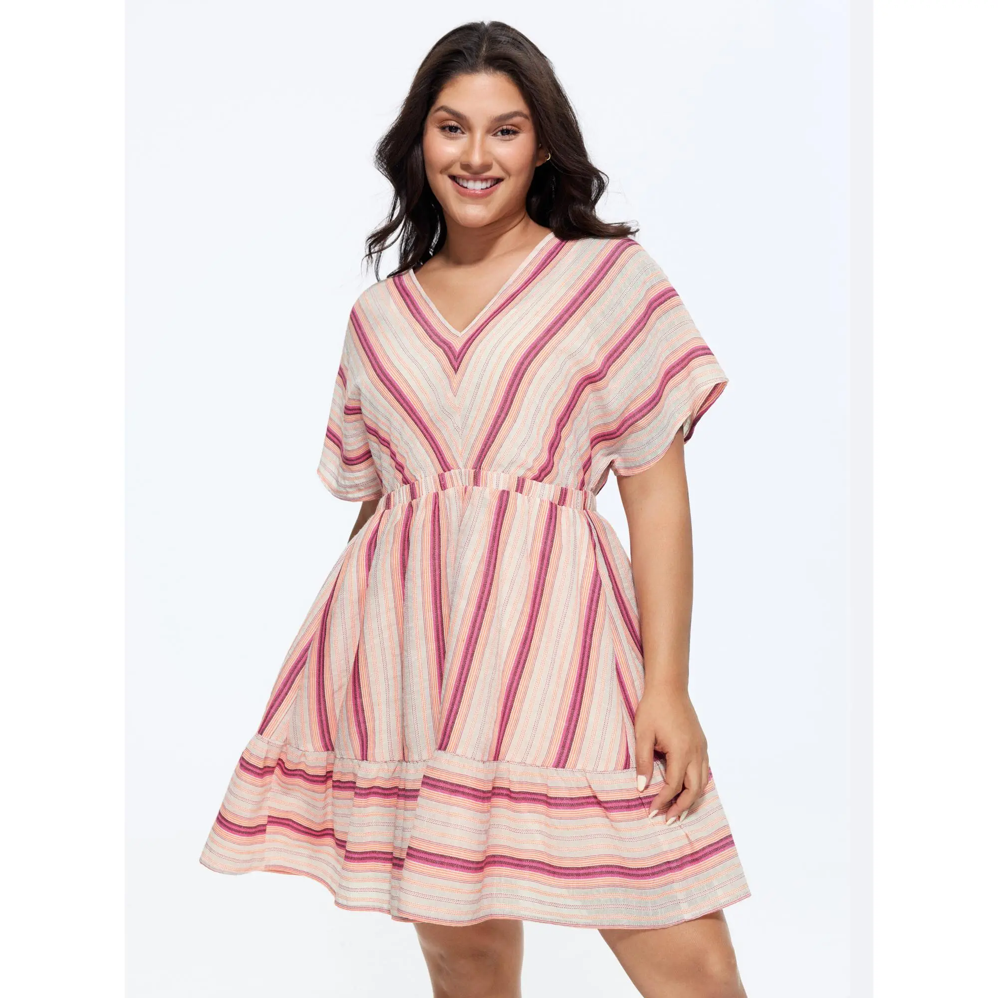 BloomChic Plus Size Casual Striped Dress, Tiered Knee-Length Garment with a Smocked Bodice and Pockets, Smooth Cotton Blend Fabric, Casual Wear, Short Sleeves, Plus Size Casual Dresses