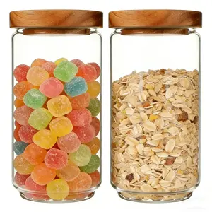 2-Pack 34oz (1000ml) Microwave-Safe Leak-Proof Glass Food Storage Jar Set | TÜV SÜD-Certified Airtight Clear Containers withWood Lids | BPA-Free Kitchen Gadgets for Beans, Cereal, Flour, Pasta & Snacks, Leakproof Salad Meal Prep Jars