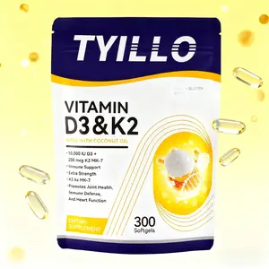 TYILLO Coconut Oil Vitamin D3 & K2 Complex Soft Capsules 300 Count for Heart Health, Immune Support, Bone & Joint Health, Calcium Absorption, and Blood Circulation