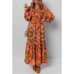 Orange Floral Puff Sleeve Smocked Bodice Tiered Dress