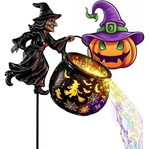 Solar Halloween Black Cat & Pumpkin Moon Garden Stake Light,Halloween Witch Cauldron Garden Light,Decorations with Pumpkin Lantern, Outdoor Lawn Stake Decor for Yard Pathway Patio