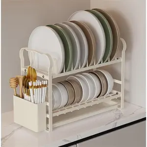Heavy-duty double-layered plate and bowl drain rack with a storage box - Space-saving kitchenware made of durable plastic, suitable for air drying, countertop, or outdoor use, easy to assemble, heavy-duty dish storage rack