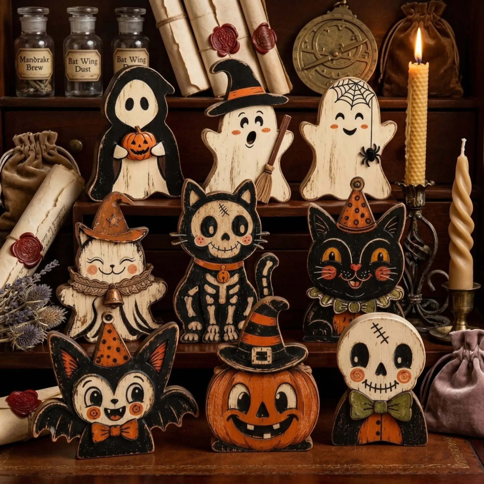 Vintage Halloween Standing Wood, Choose Your Design, Rustic Farmhouse Shelf Sitter, Indoor Tabletop Mantel Decor, Fall Home Gift