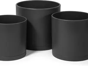6 Inch 6.5 Inch 8 Inch Set of 3 Plastic Planter Pots for Plants with Drainage Hole and Seamless Saucers Black Color Medium 74-V-B-3