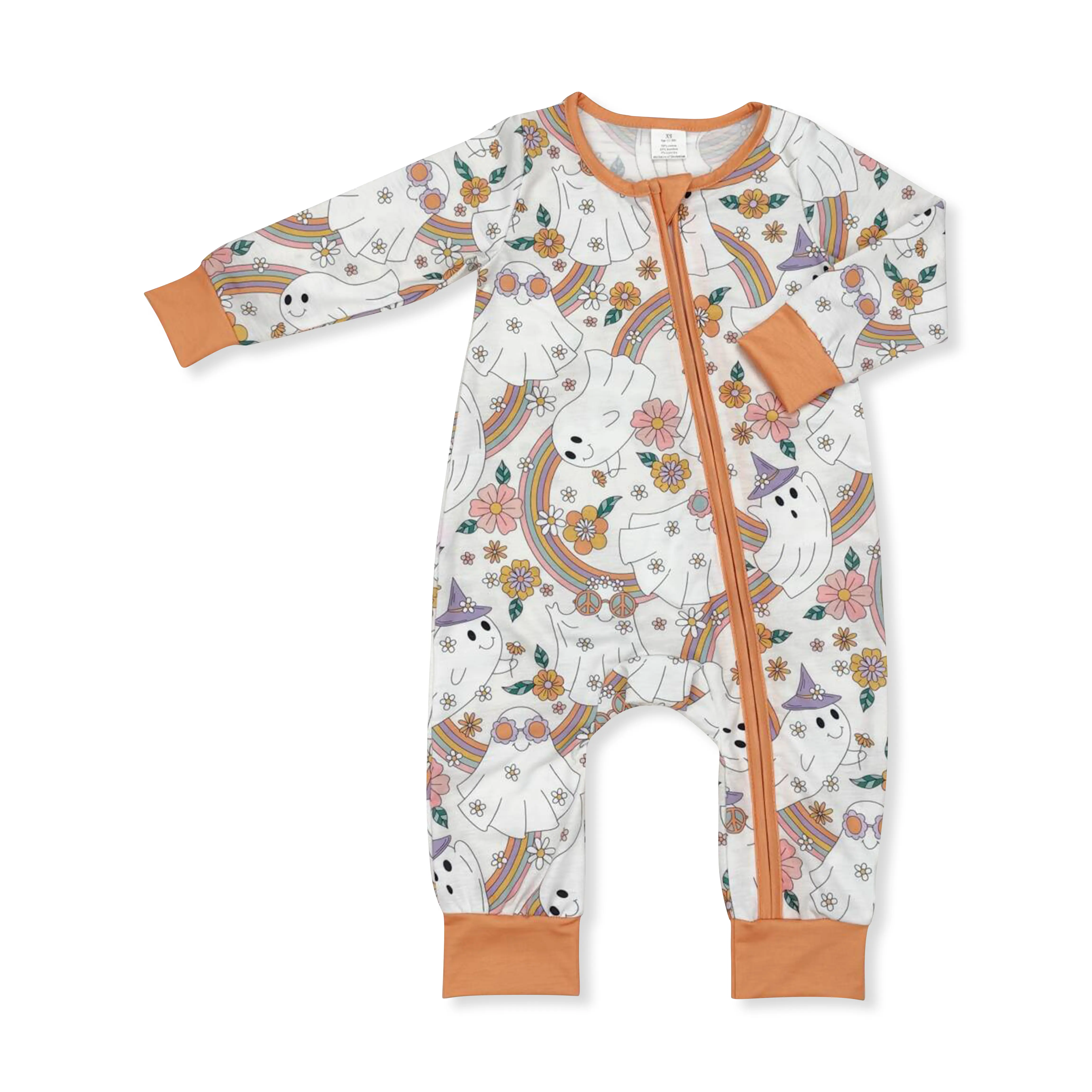 Baby Clothes Girl Toddler Onesies, Halloween Orange Floral Printed Baby Bodysuit