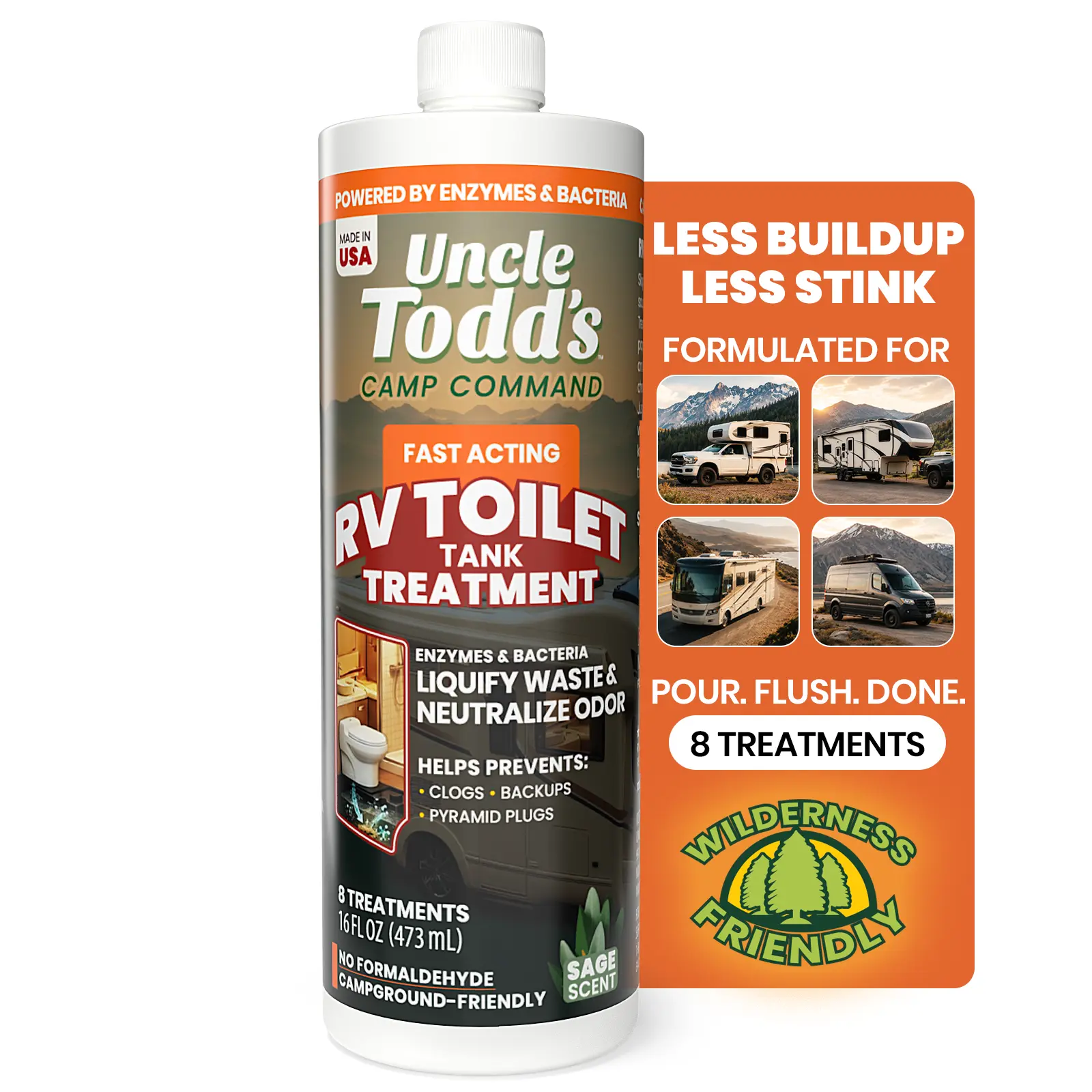 Uncle Todd's 16 oz RV Black Tank Treatment - Sage Scent Liquid, 8 RV Toilet Treatments, Camper Holding Tank Cleaner - Deodorizer for Black/Gray Tanks, Sensor Cleaner, Made in USA - Digests Waste Fast