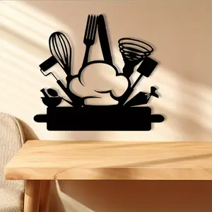 1 piece of retro Home kitchen wall decoration - chef hat and cutlery silhouette decoration, powder coated metal material, suitable for cooking themes, Christmas, Halloween, Thanksgiving - easy to hang and install,
