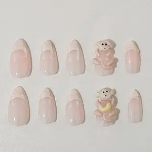 Press On Nails Summer Unique Designs Square Flower Shape Solid Blue Yellow Colors Trendy Quirky Monkey Nail Motif Manicure Made Easy