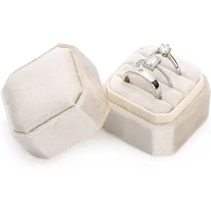 Velvet Ring Box, Octagon Velvet Jewelry Ring Box Storage 3 Slots Ring Holder Box for Proposal, Engagement, Wedding Ceremony (Beige) Gift Hand