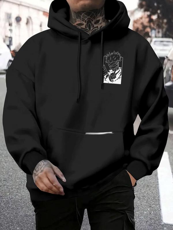 Men's White 'Jujutsu Kaisen Gojo Satoru Black & White Anime Graphic' Oversized Hoodie - Streetwear Anime Casual Pullover, Featuring Iconic Gojo Satoru from Jujutsu Kaisen with Bold Line Art Design, Ideal for Anime Enthusiasts, Graphic Print Hoodie