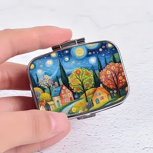 Starry Night Village Scene Pill Case, Van Gogh Style Artistic Storage Organizer, Double Compartment Plastics Pill Box with Mirror