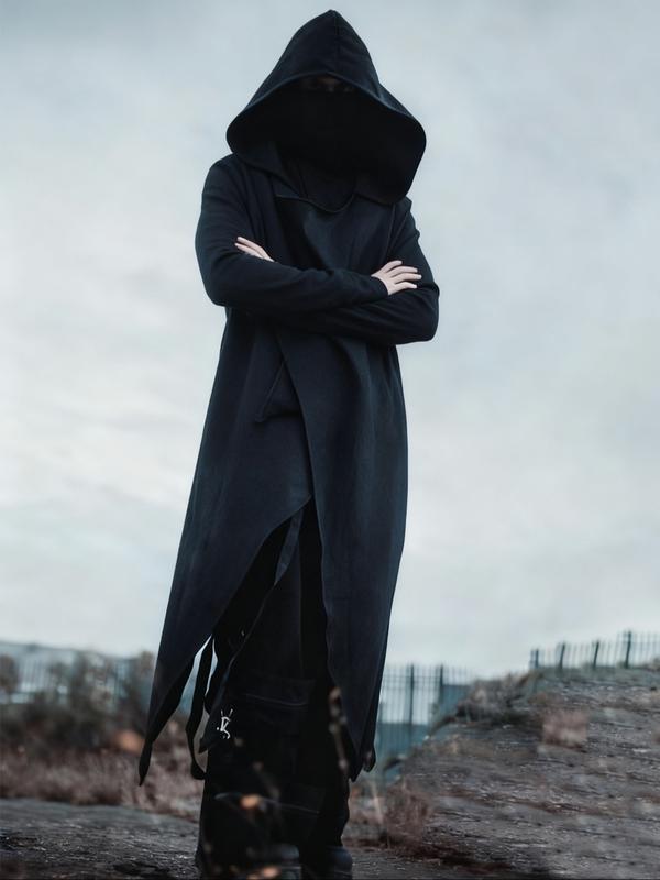 Men's Black Hooded Cyberpunk Maxi Coat – Asymmetric Design, Stylish Outerwear for Street Fashion & Cosplay