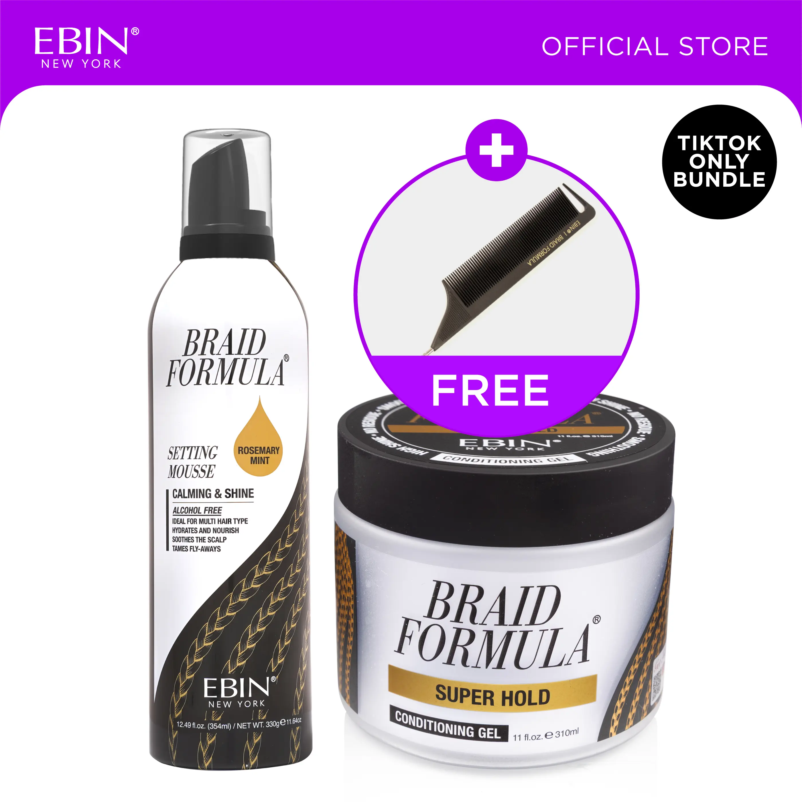 EBIN Braid Formula Conditioning Gel Super Hold + Setting Mousse Rosemary Mint Bundle with FREE Pintail Parting Carbon Comb | Braiding Gel & Mousse for Knotless Braids, Twists & Locs, Clean Parts, Maximum Hold, Frizz Control, Smooth Finish & High Shine