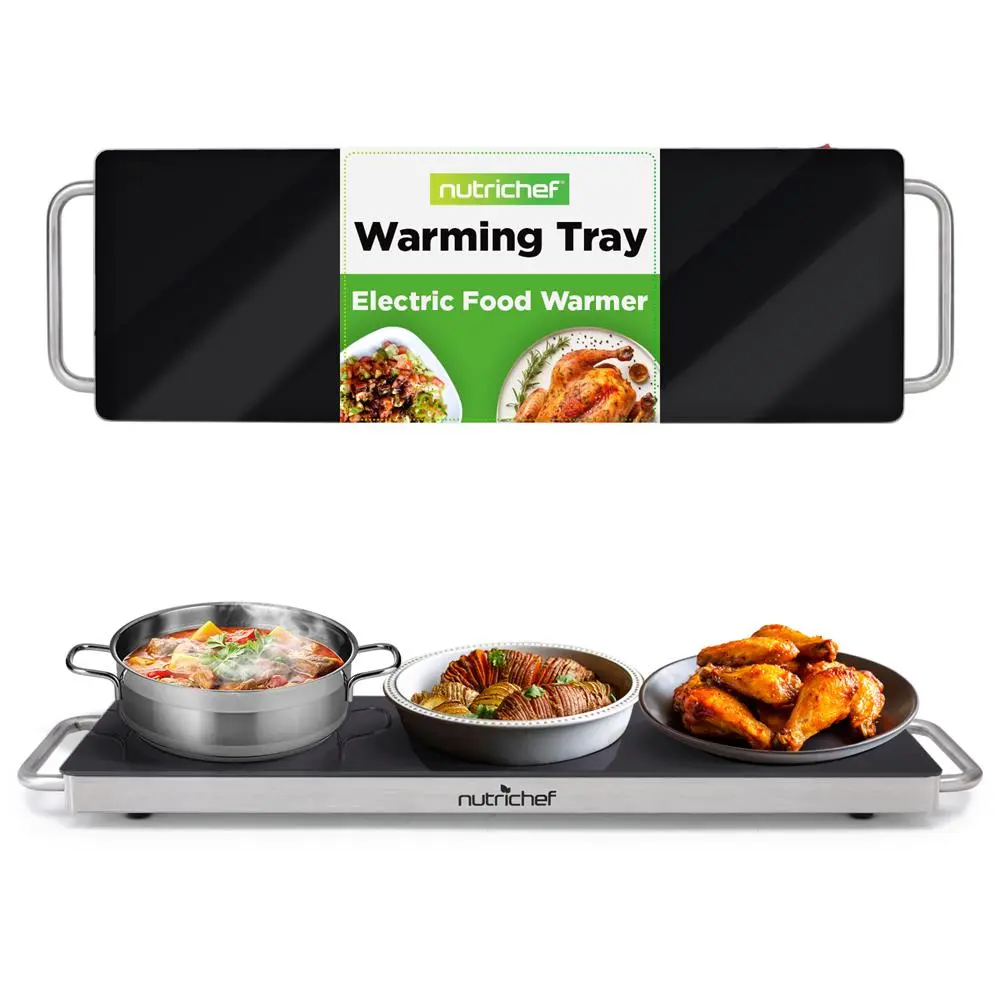 Electric Food Warming Tray | Stainless Steel Buffet Hot Plate with Tempered Glass Surface, Cool-Touch Handle & 203°F Max Temperature - Countertop Kitchen Appliance for Catering, Parties & Home Use