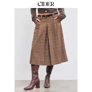 Cider [2 colors, size 0-26] Wool-like Mid Rise Checks Pleated Maxi Skirt With Belt