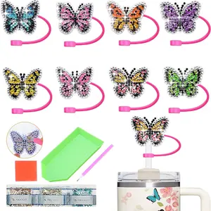 Butterfly Design Straw Cap, 8 Counts/set DIY Diamond Arts Colorful Painting Straw Cap, Reusable Straw Cap, Decorative Straw Cap for Party Gift