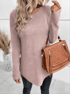 Lune Women's Knitted Pullover Sweater with Split and Bow Details, Comfortable Loose Fit Round Neck Design for Daily Wear Knitwear