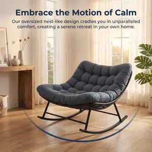 YJ-Outdoor Rocking Chair, Oversized Patio Wicker Egg Chair with Thick and Removable Cushion, Metal Frame, Single Rocking Chair, Double Rocking Chair,Rattan Comfy Rocking Lounge Chairs for Living Room, Balcony & Yard,Dark gray&Off White.