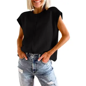 Womens Pullover Sweater Vest Crew Neck Cap Sleeve Loose Fits Sweater Ribbed Knit Tops Solid Sweaters for Women,Black - M
