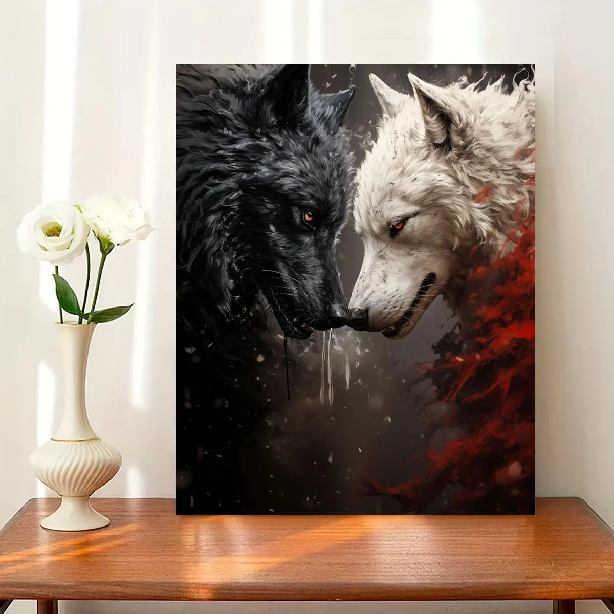 Wolf Duel Canvas Art Poster - Striking Black and White Wolves Battle Illustration - Frameless Wall Decor for Home, Bedroom, Living Room, Office - Creative Animal-Themed Artwork - For Art Lovers & Home Decor Enthusiasts Decoration Photo Ornaments Artistic