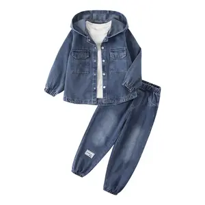 2-piece autumn and winter new boy simple fashion cowboy hooded long-sleeved coat trousers suit casual Joker boy gift trend outdoor children's wear