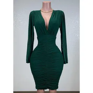 BIRDIE GREEN MESH RUCHED BODYCON V-NECK MIDI DRESS