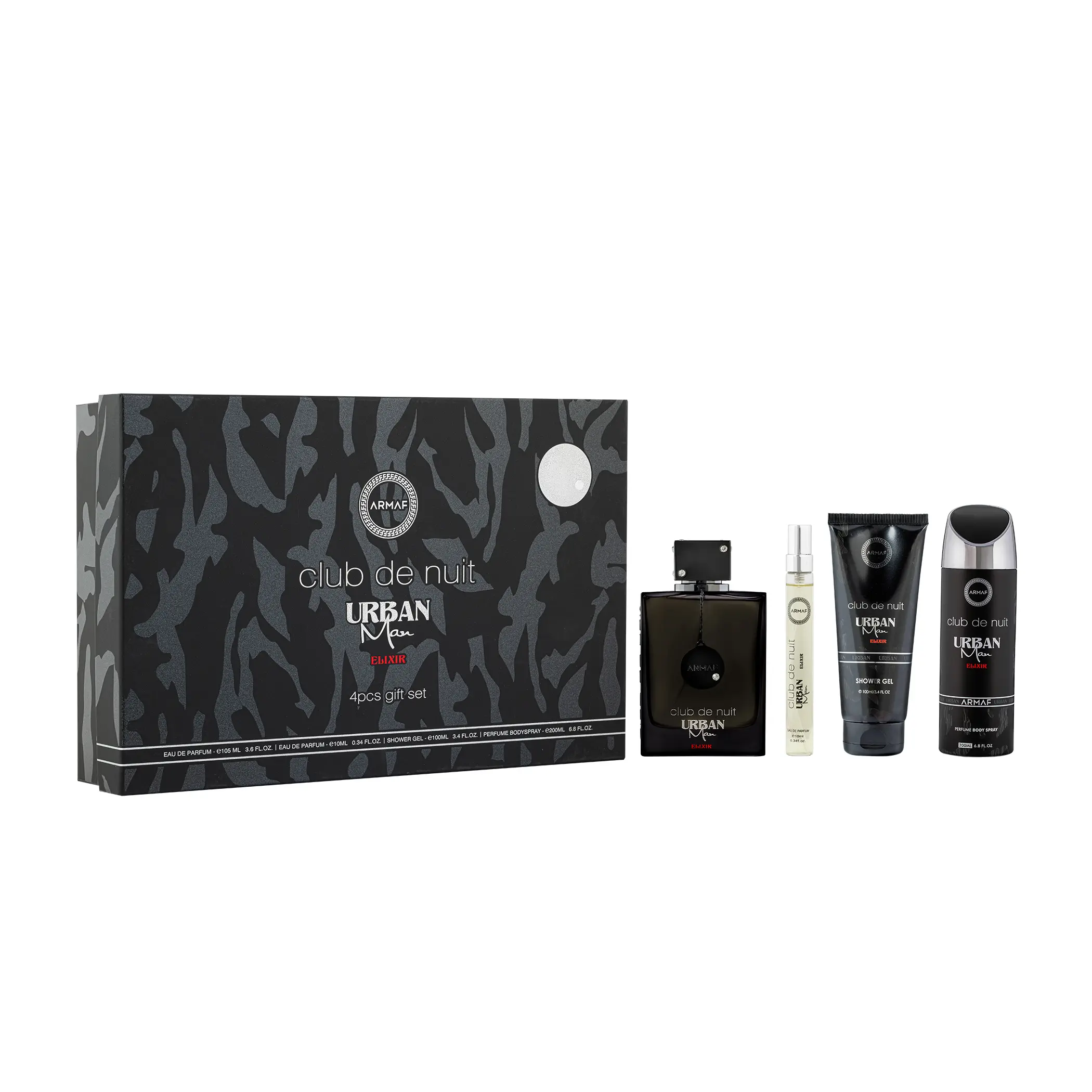 ARMAF Club de Nuit Urban Man Elixir 4‑Piece Gift Set — EDP 105 ml + 10 ml Travel + Shower Gel + Body Spray | Fresh aromatic‑amber — bright citrus and pepper over a warm woody‑amber base